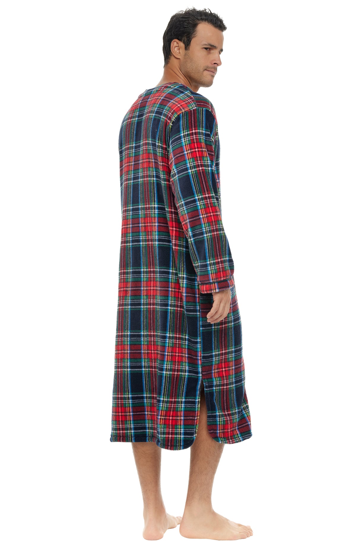 Men's Classic Tartan Plaid Blue Plush Sleep Shirt, Fleece Nightshirt Pajamas Shirt