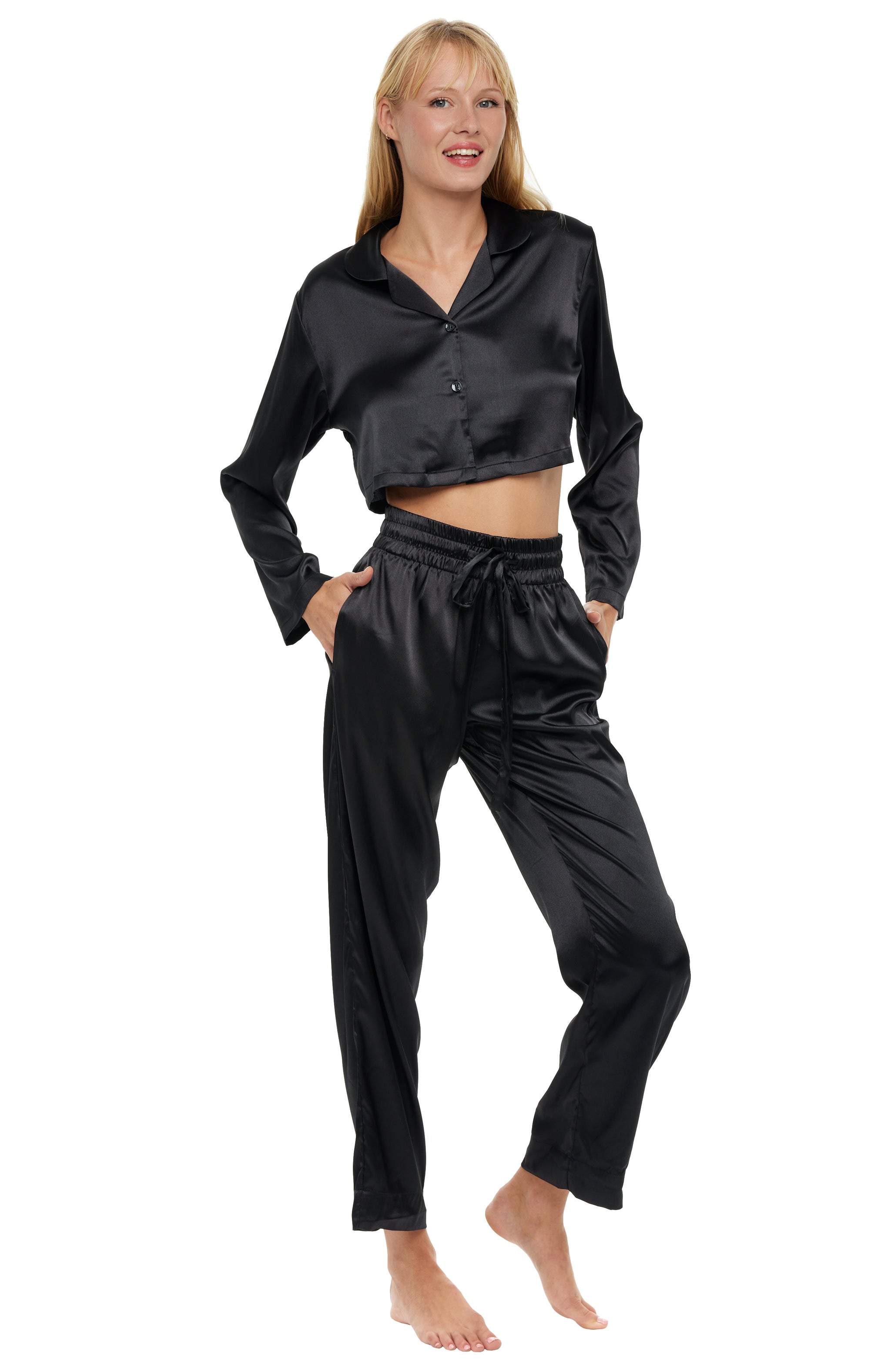ADR Women's Crop Top Satin Pajamas Lounge Set, Long Sleeve Top and