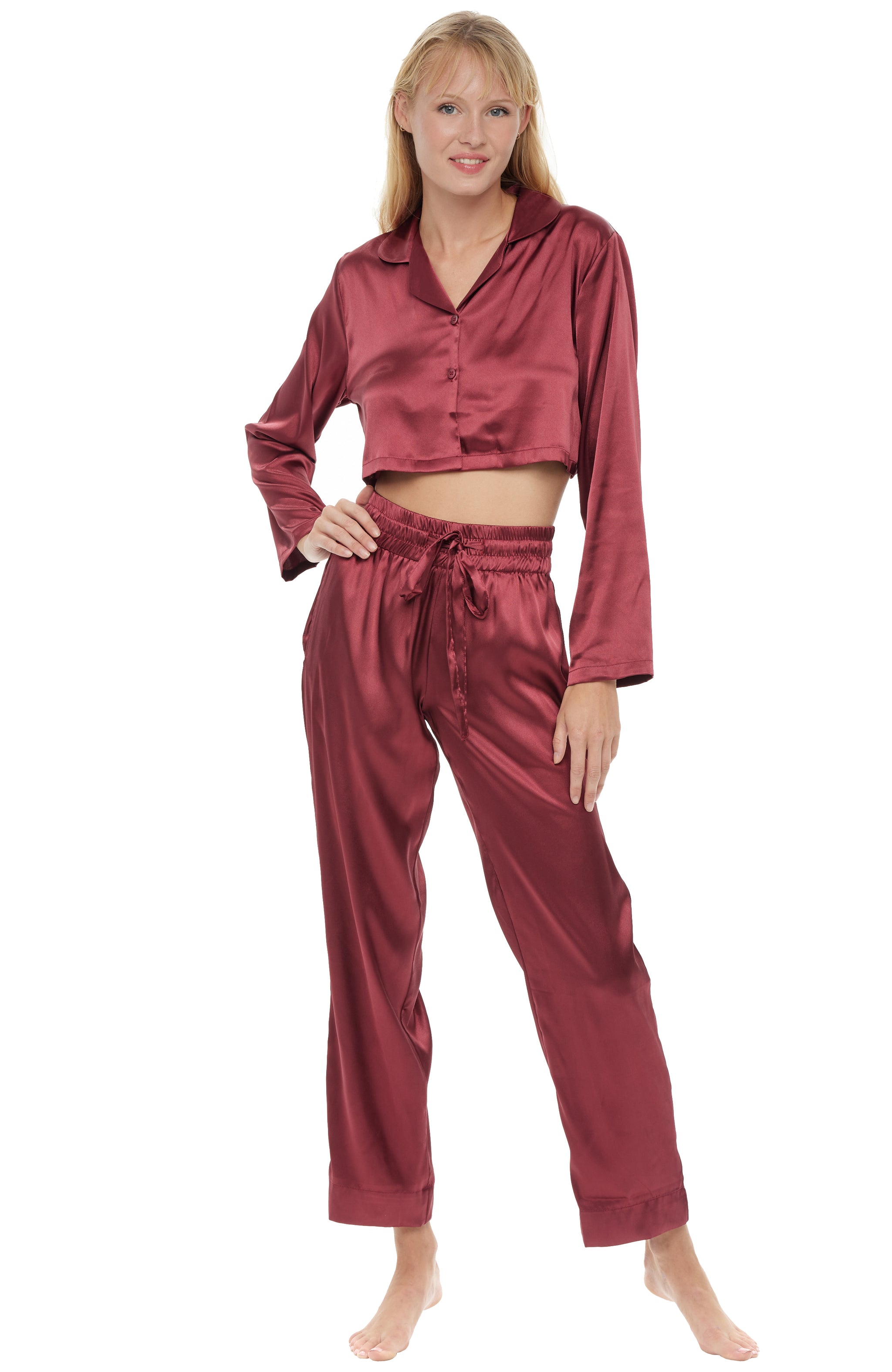 ADR Women's Crop Top Satin Pajamas Lounge Set, Long Sleeve Top and