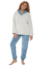 Women's Faded Denim Plush, Oversized Fleece Pajamas Set, Joggers with Pockets, Drawstring and Elastic Waist