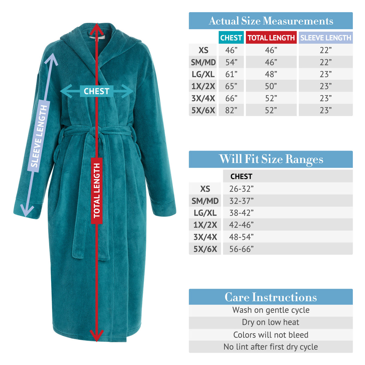 Women's Navy Blue Plush Fleece Robe with Hood, Lightweight Hooded Bathrobe with Pockets - Navy Blue - size guide