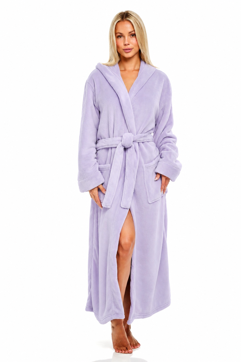 Light Lavender Plush Fleece Robe for Women, Long Hooded Bathrobe with Hood, Plus Size