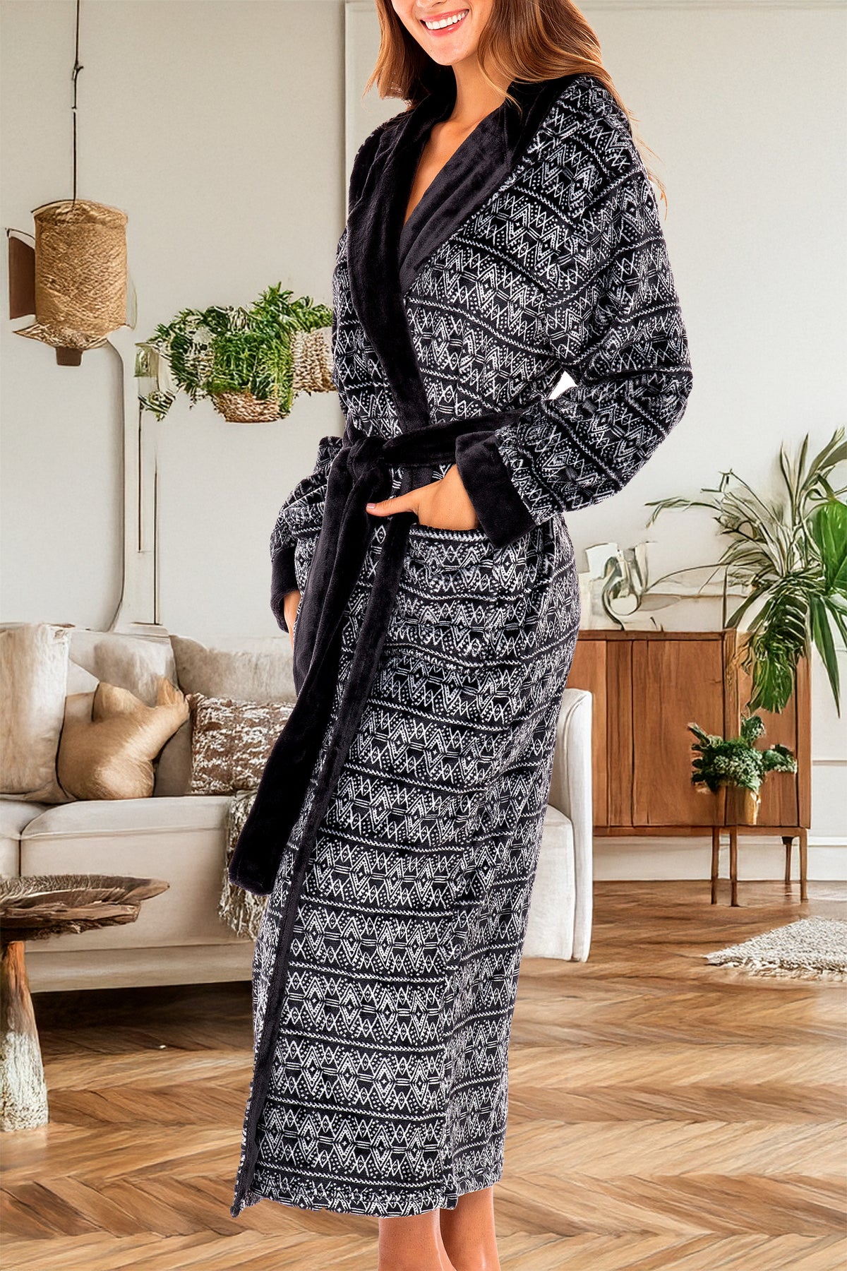 Moroccan Pattern Plush Fleece Robe for Women, Long Hooded Bathrobe with Hood, Plus Size