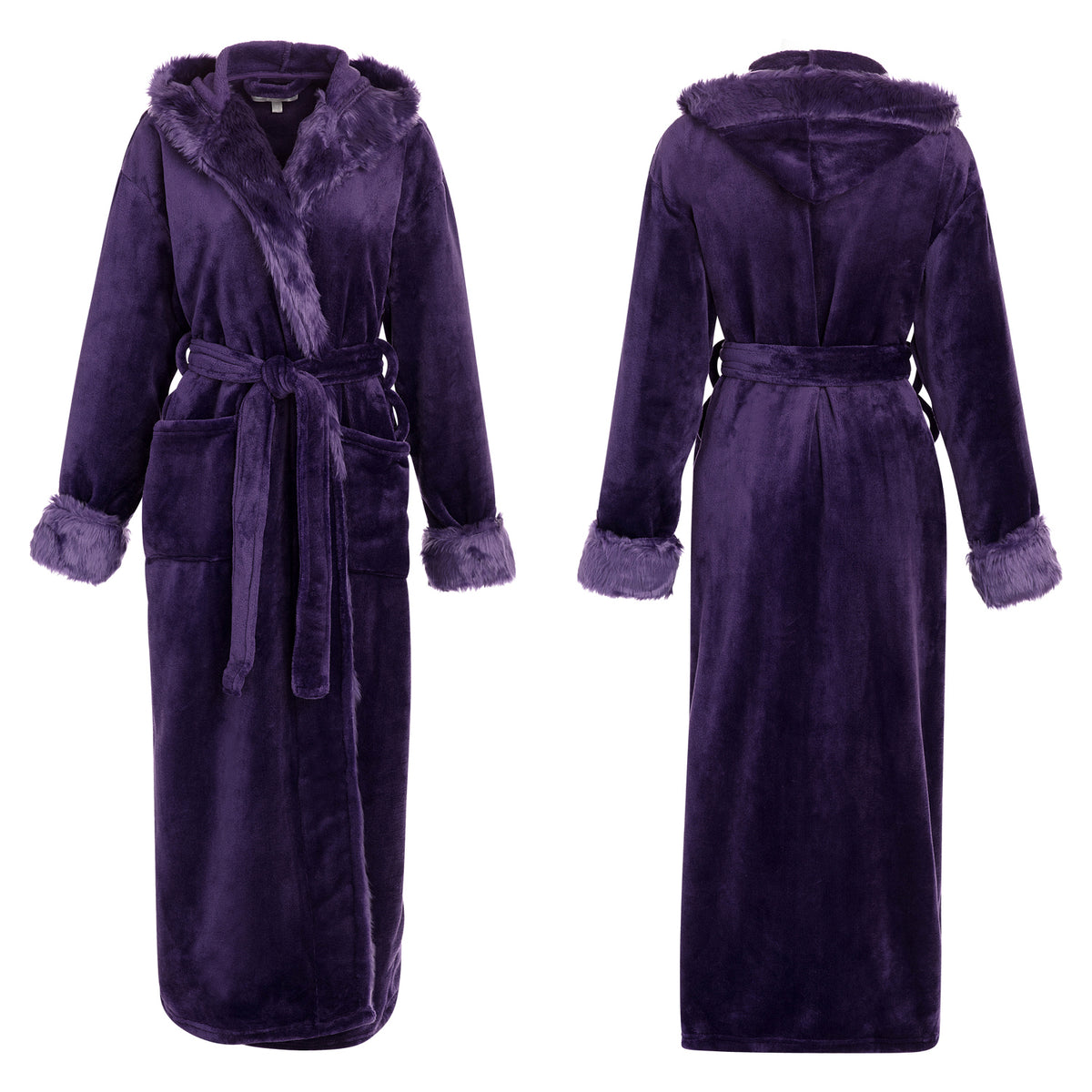 Women's Coconut Plush Fleece Robe with Faux Fur Accents, Short Bathrobe