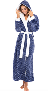 Moroccan Trellis Plush Fleece Robe for Women, Long Hooded Bathrobe with Hood, Plus Size