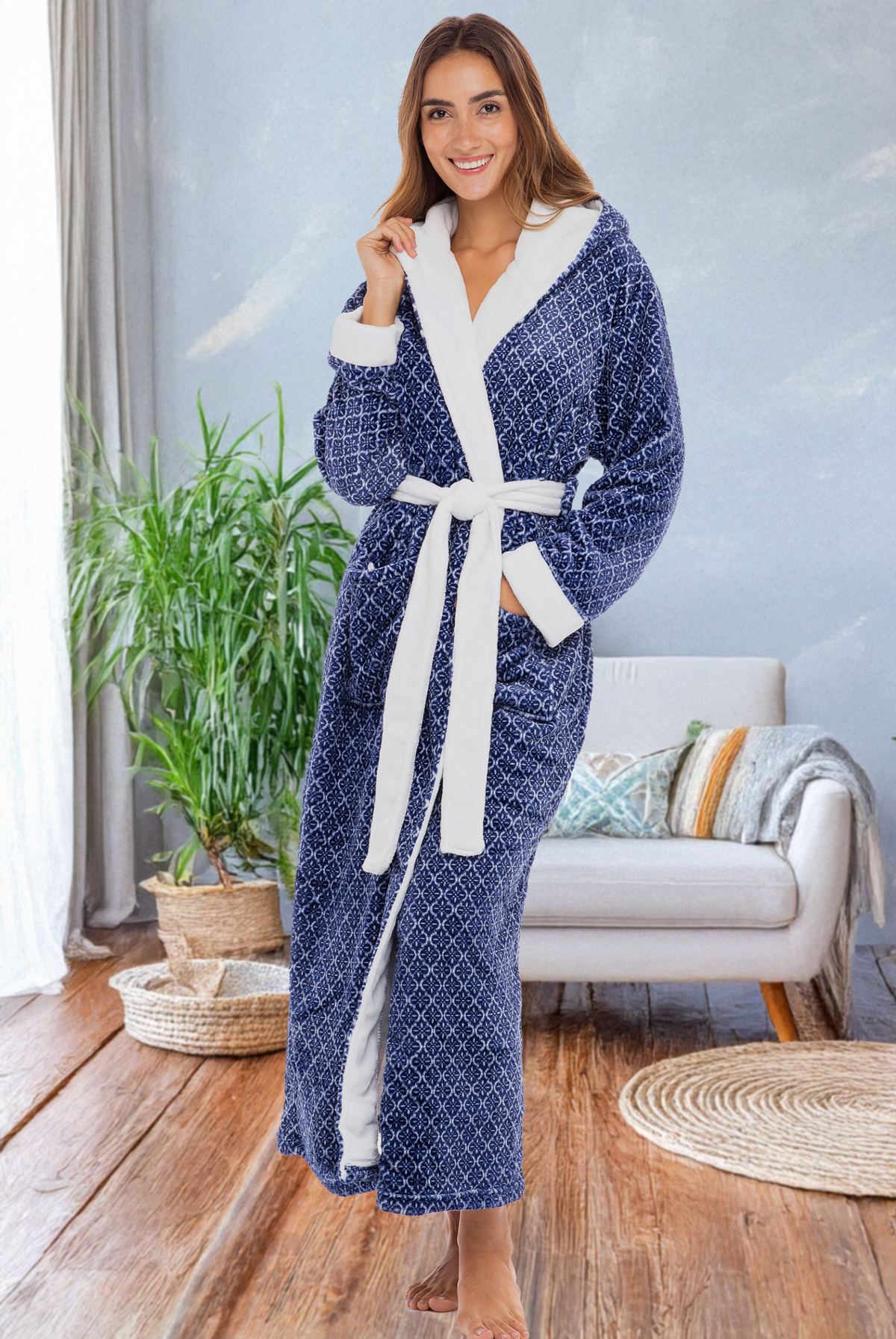 Moroccan Trellis Plush Fleece Robe for Women, Long Hooded Bathrobe with Hood, Plus Size